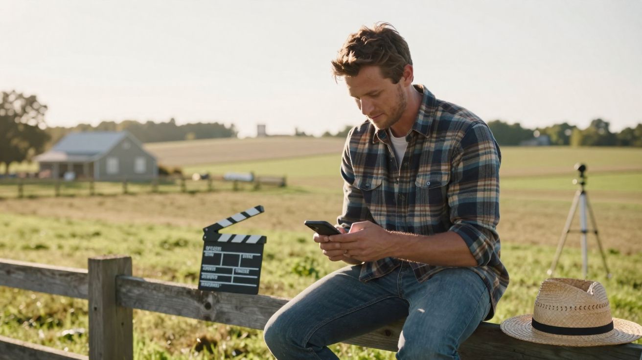 Homem sentado em cerca de madeira em área rural, segurando celular, com claquete e chapéu ao lado.