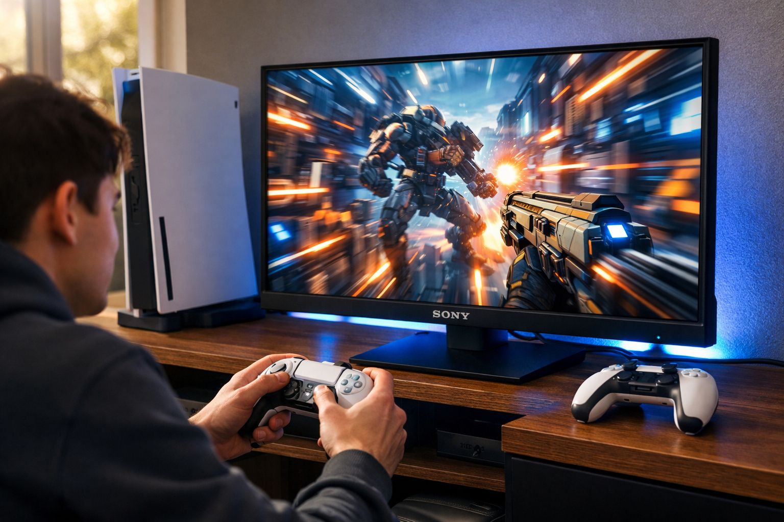 Pessoa jogando videogame de tiro em primeira pessoa em uma TV Sony com controle branco na mão.