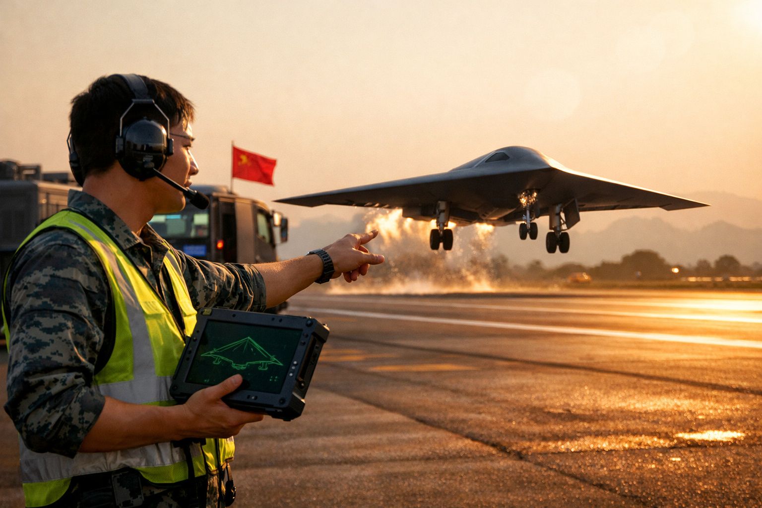 Homem com rádio e tablet controla decolagem de drone militar em pista ao pôr do sol.