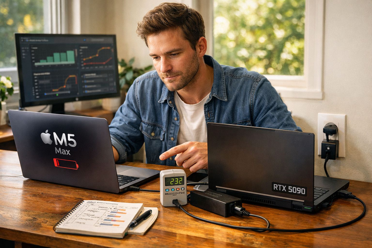 Homem trabalhando com dois laptops, um com adesivo M5 Max e outro RTX 5090, em uma mesa com caderno e gráficos.