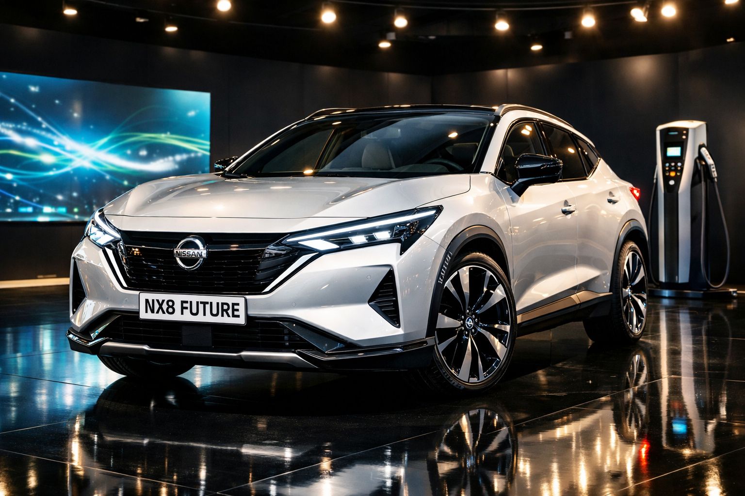 Carro elétrico Nissan NX8 Future branco em exibição com estação de carregamento ao fundo.