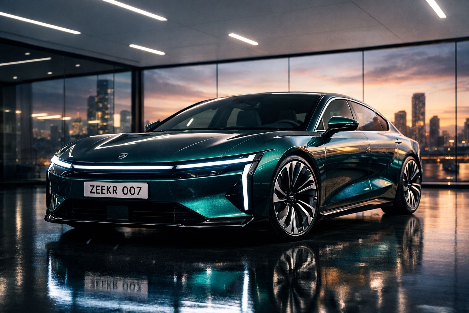 Carro elétrico esportivo Zeekr 007 verde em ambiente interno com janela e vista urbana ao entardecer.