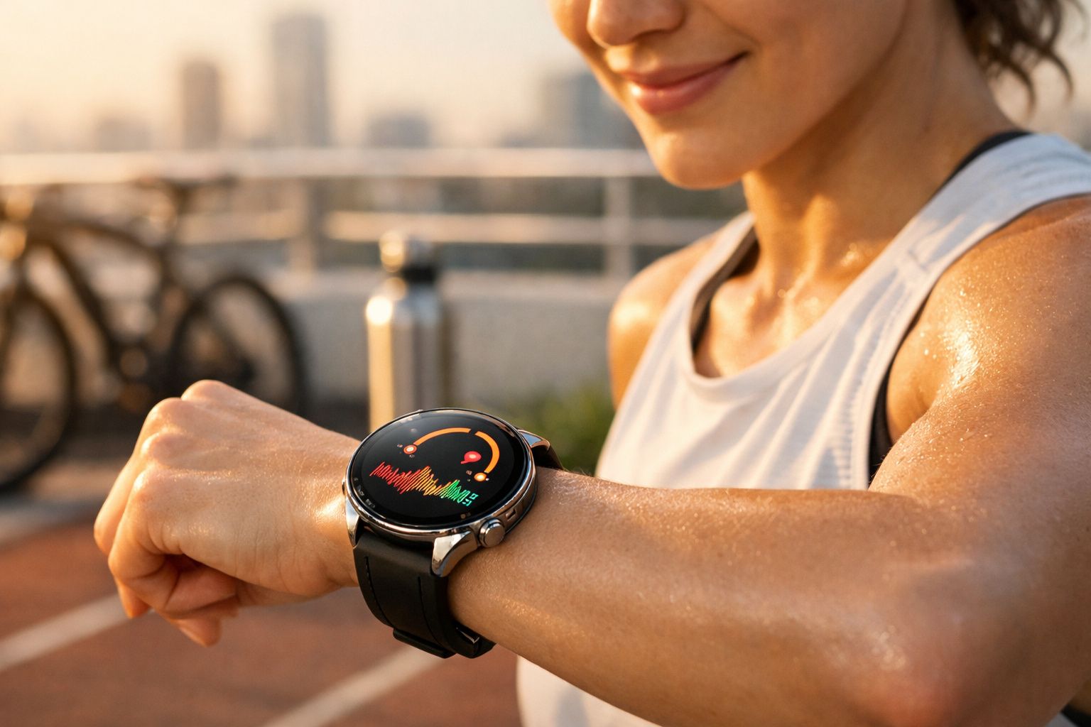 Pessoa usando relógio inteligente preto que mostra monitoramento de batimentos cardíacos durante exercício.