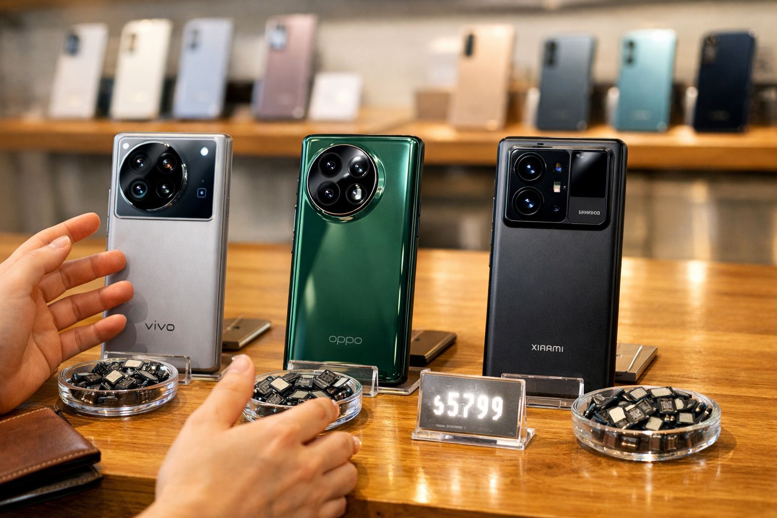 Três smartphones expostos em loja, com mãos segurando um deles e preço em destaque.