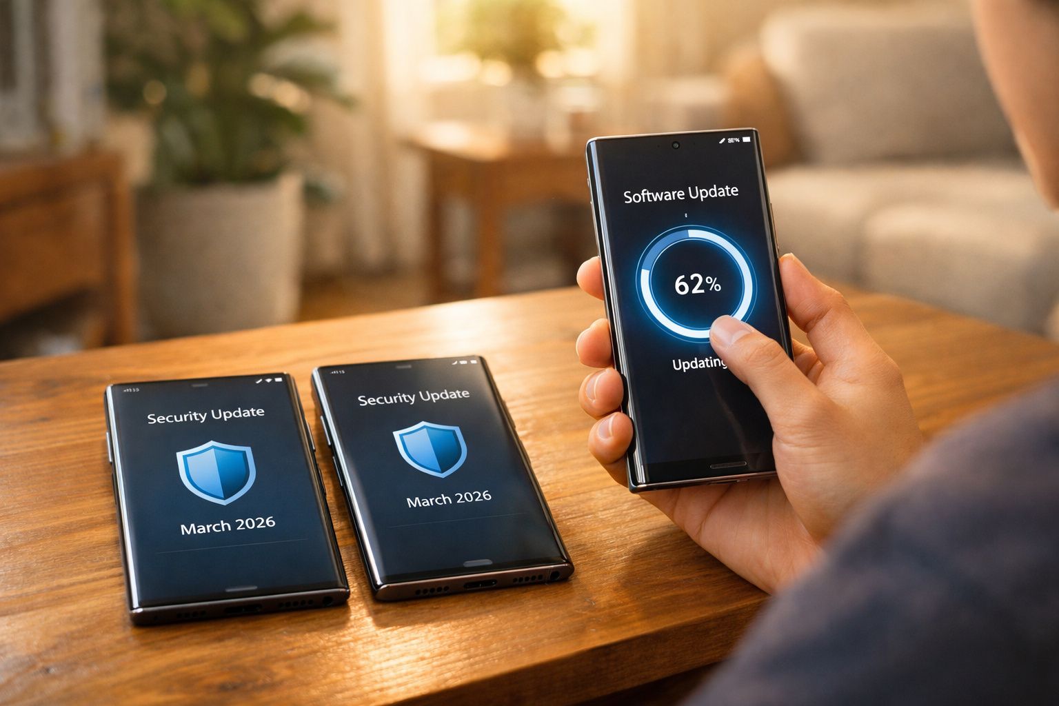 Pessoa atualizando software em smartphone, com outros dois celulares mostrando atualização de segurança.
