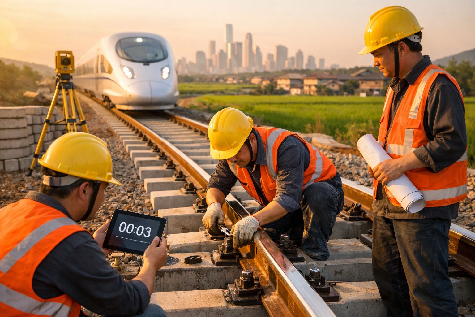 Três trabalhadores com capacete e colete laranja ajustam trilhos de trem com trem moderno e cidade ao fundo.