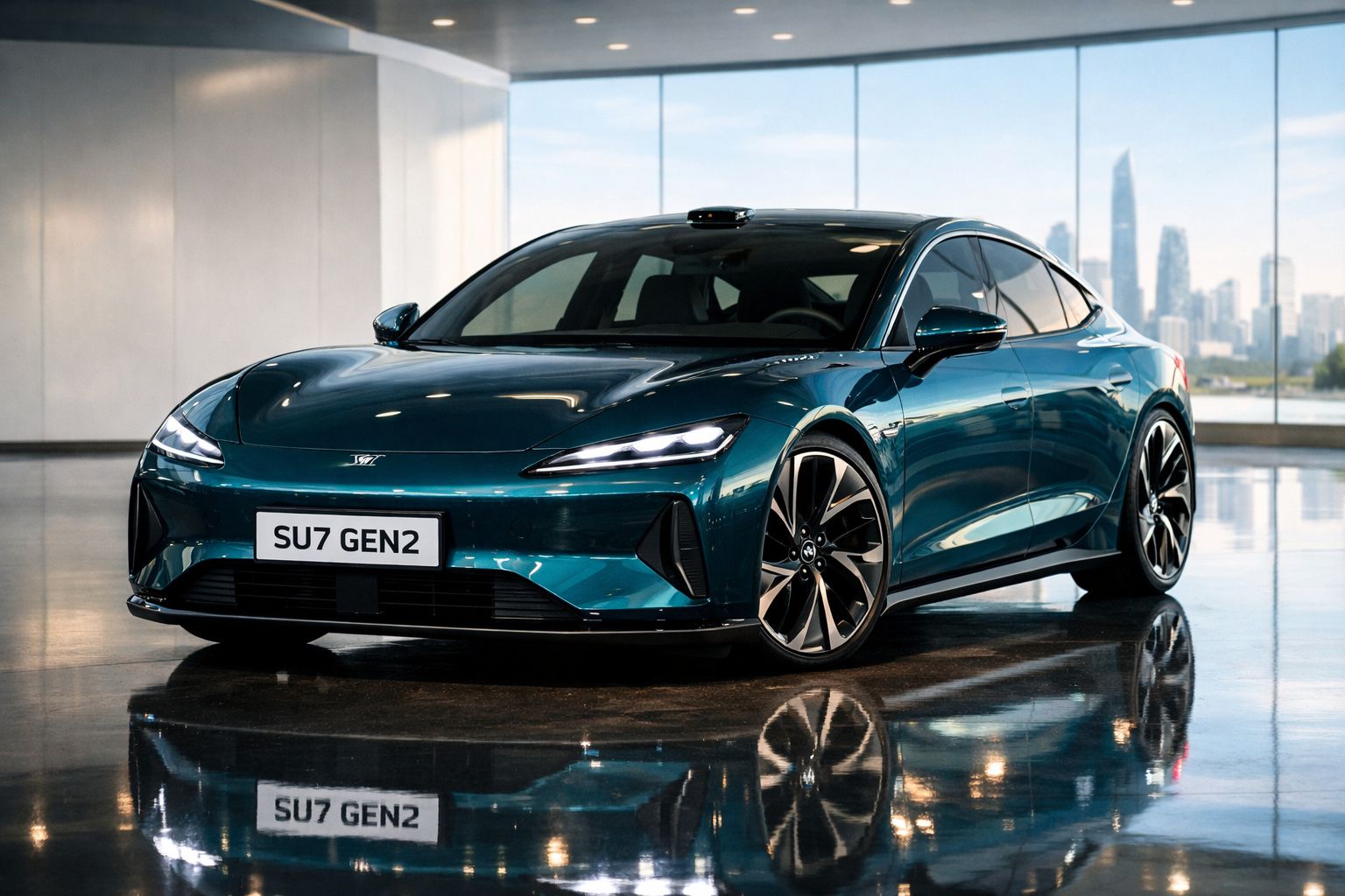 Carro elétrico sedã azul escuro modelo SU7 GEN2 em ambiente moderno com piso refletivo.