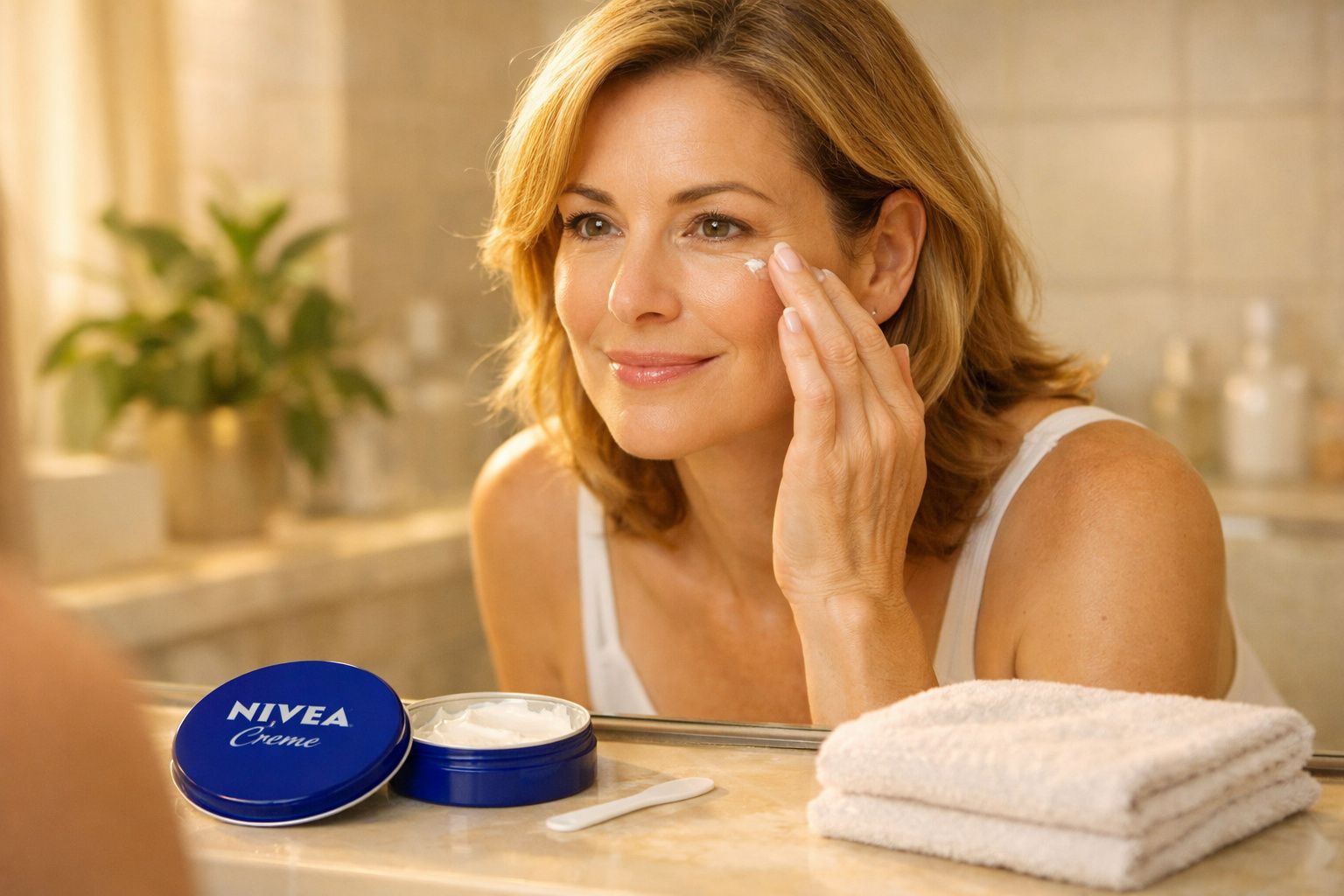 Mulher aplicando creme facial Nivea no rosto em frente ao espelho de banheiro.