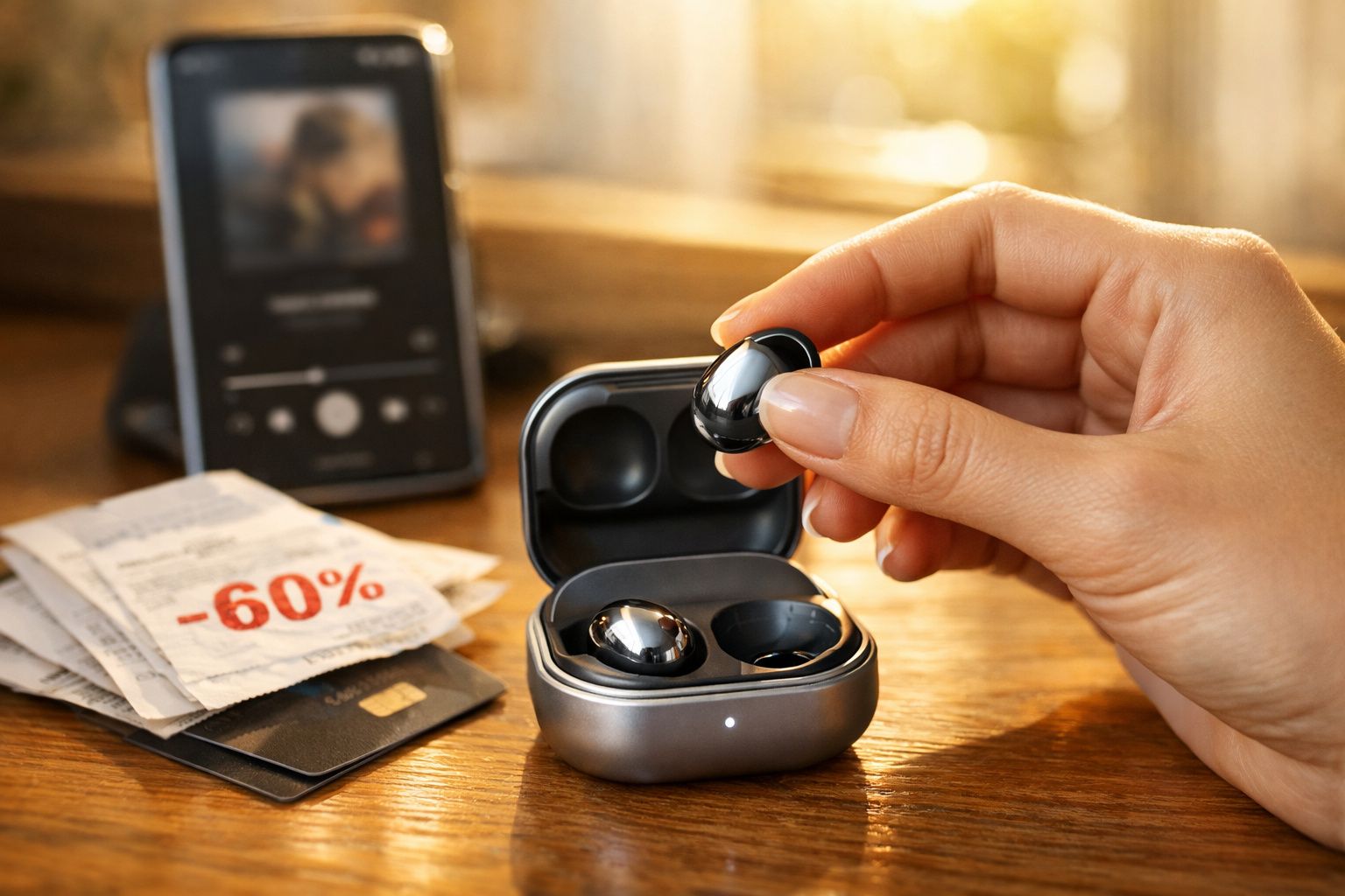 Pessoa segurando fone de ouvido sem fio próximo à caixa de carregamento, com smartphone e comprovante de desconto na mesa.