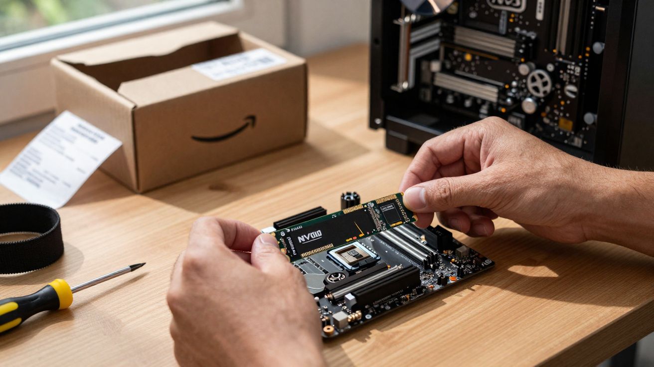 Pessoa instalando um SSD NVMe em uma placa-mãe de computador sobre mesa de madeira.