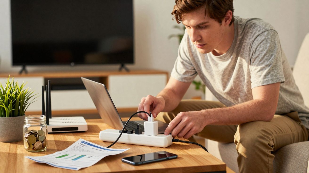 Homem jovem conectando carregador em régua de energia na sala de estar com laptop e smartphone na mesa.
