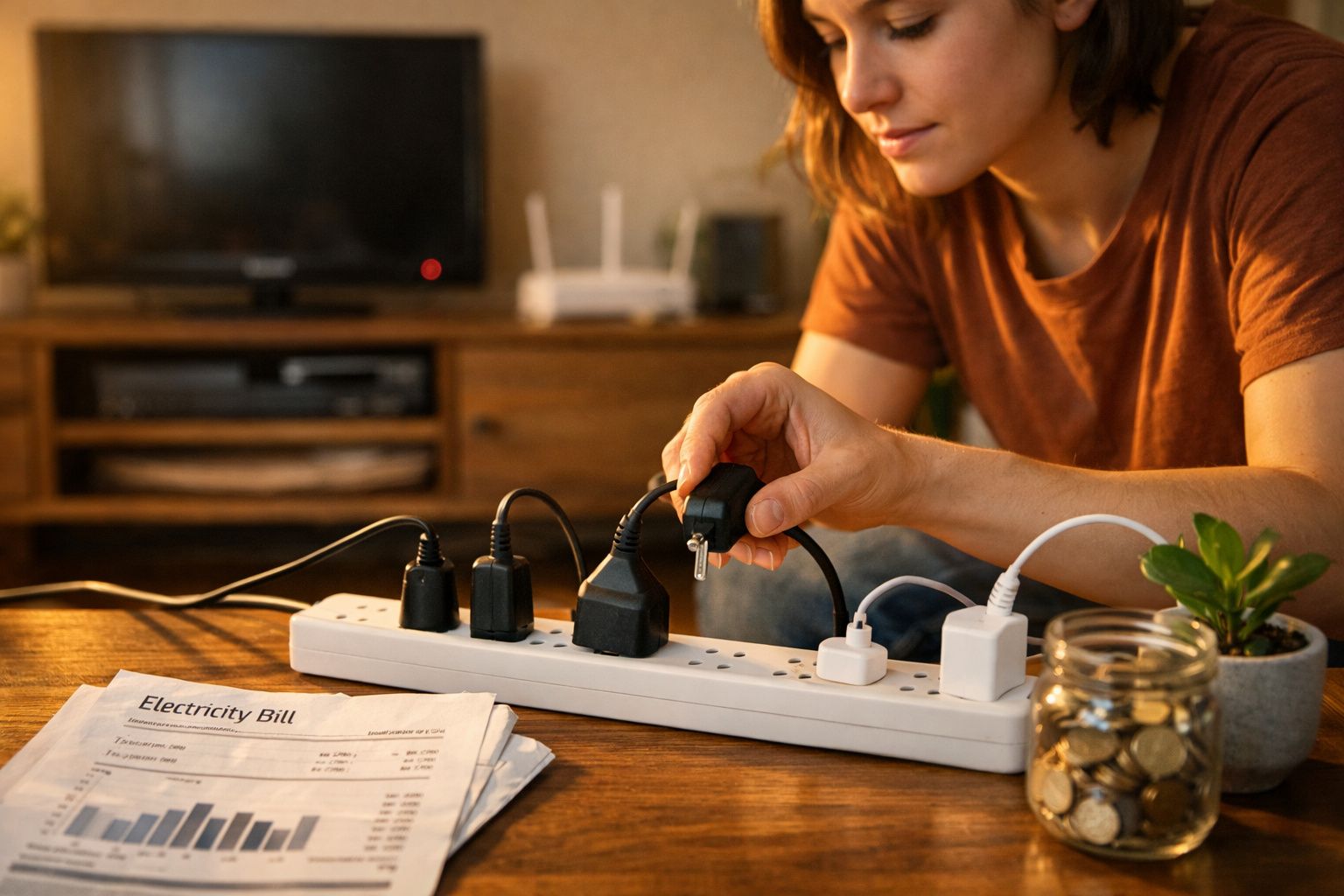 Pessoa conectando plugue em régua de energia com conta de luz, moedas em jarra e planta sobre mesa.