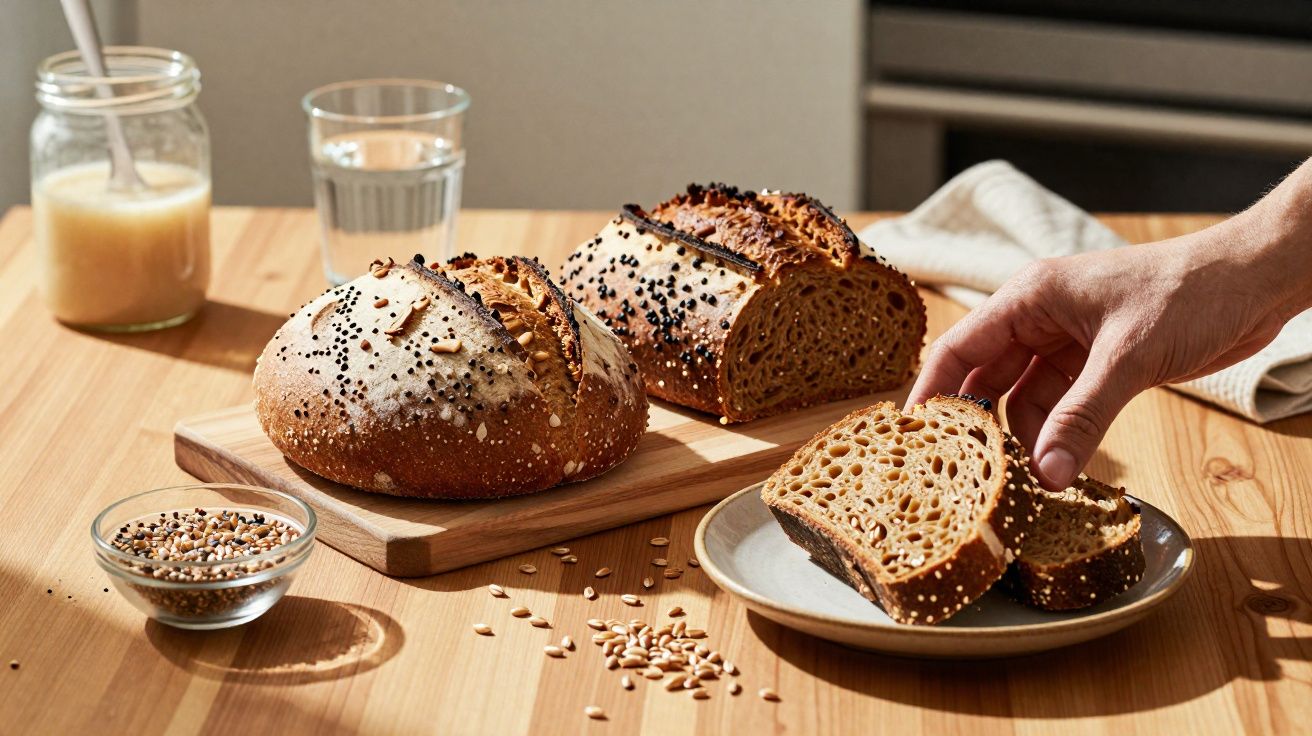 Pão artesanal com sementes sobre tábua, fatias em prato e mão pegando uma fatia em mesa de madeira.