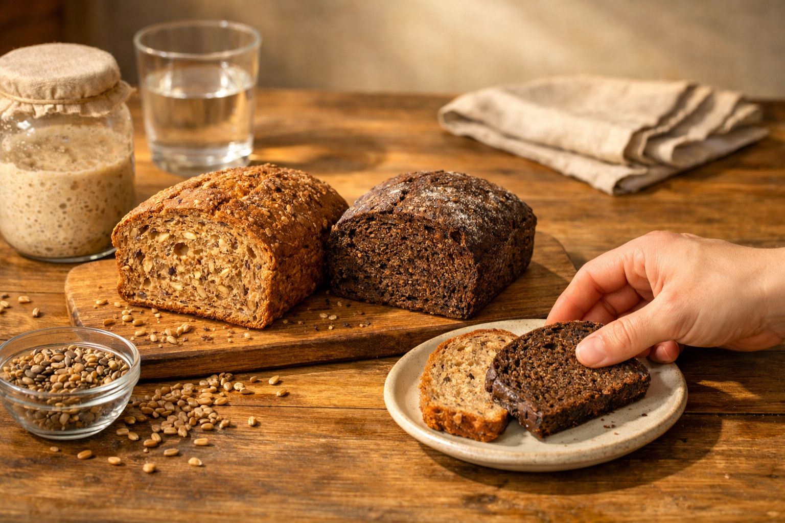 Pães integral e de centeio em tábua de madeira, com fatias em prato e mão segurando fatia escura.