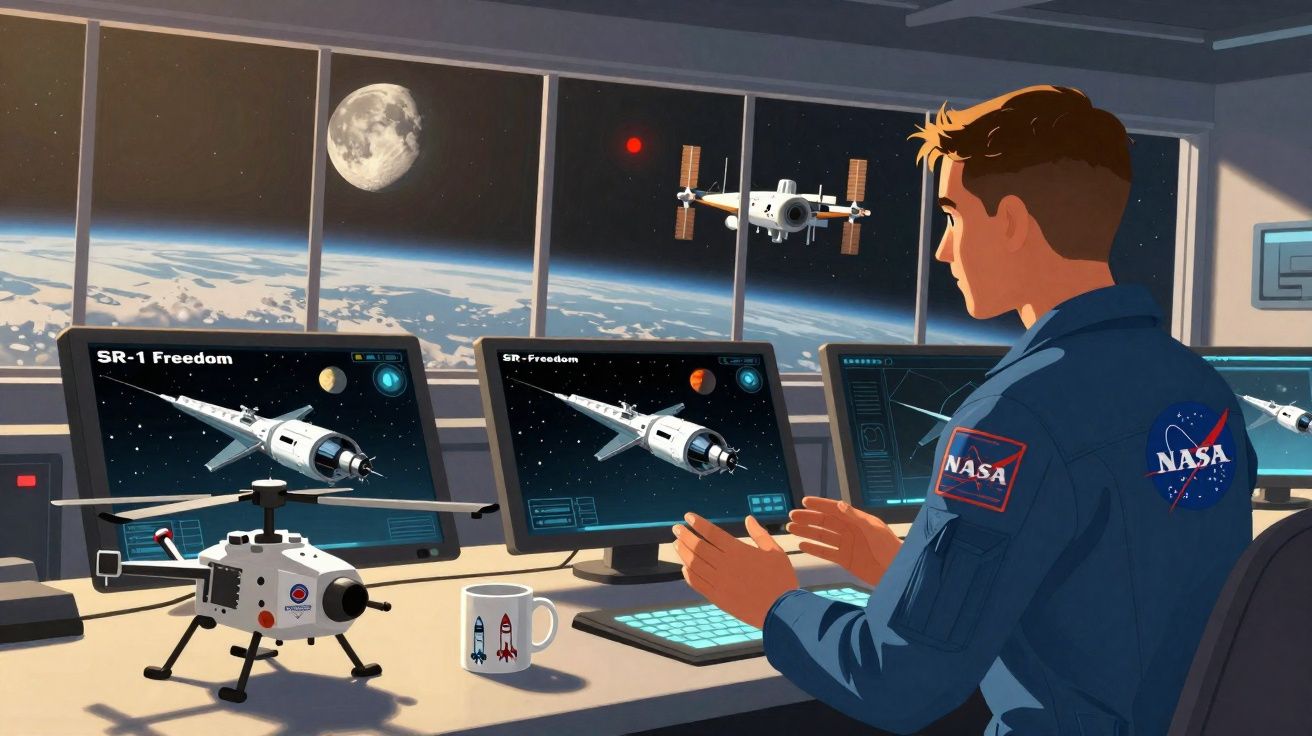 Astronauta na NASA monitora lançamento de foguete e satélite com visão da Terra e da Lua ao fundo.