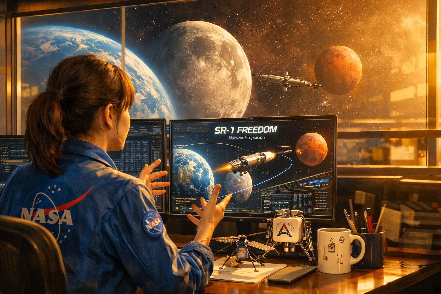Mulher com uniforme da NASA analisando projeto de foguete SR-1 em telas com imagens da Terra, Lua e Marte.
