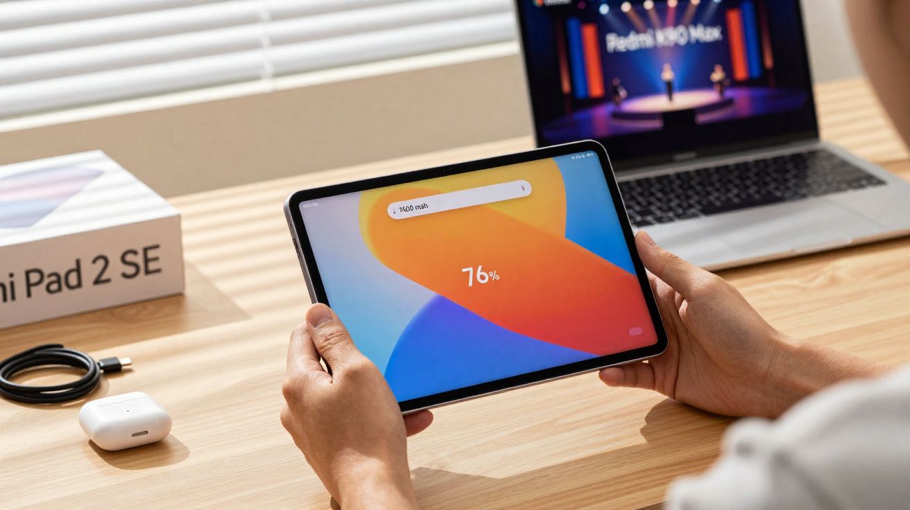 Pessoa segurando tablet Xiaomi Pad 2 SE com bateria em 76% em mesa com laptop e fones sem fio.
