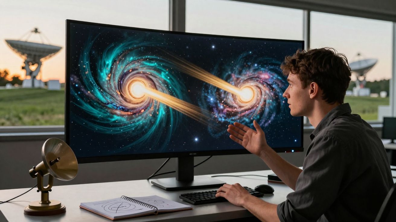 Jovem analisando em computador imagem digital de buracos negros conectados por jato de energia, com antena parabólica ao fund