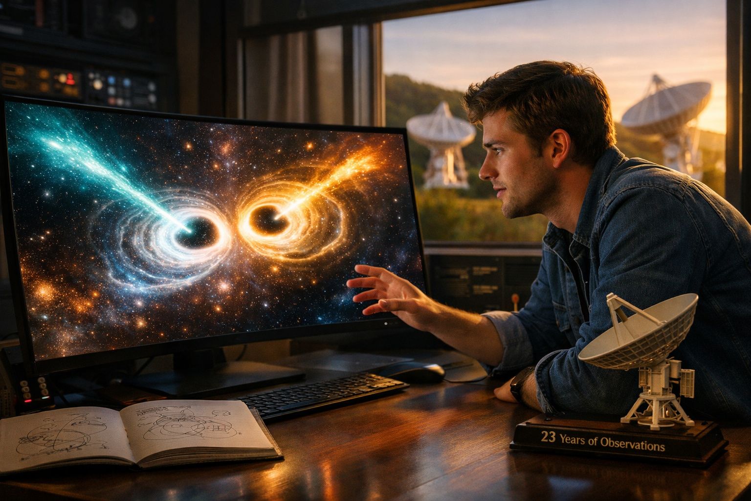 Homem observa simulação de buracos negros colidindo em tela curva, com antenas parabólicas ao fundo.