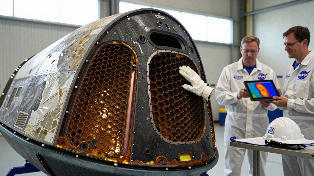 Dois técnicos da NASA analisam dados térmicos perto de cápsula espacial em ambiente industrial.