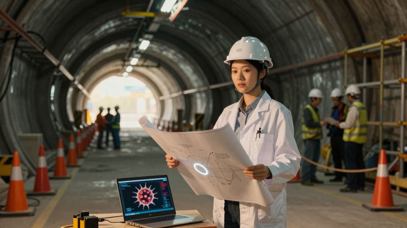 Engenheira em capacete branco analisa plantas dentro de túnel, com laptop aberto e trabalhadores ao fundo.