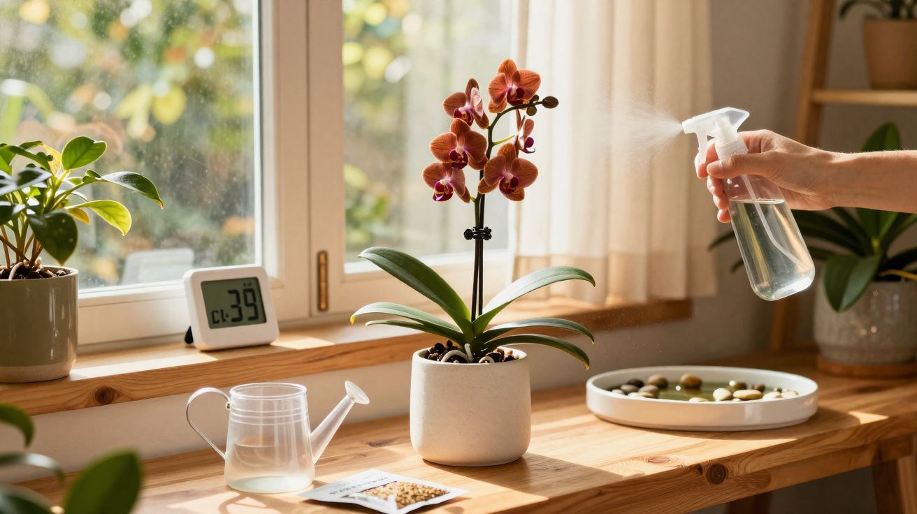 Mão borrifando água em orquídea laranja em vaso branco na mesa de madeira junto a outras plantas.