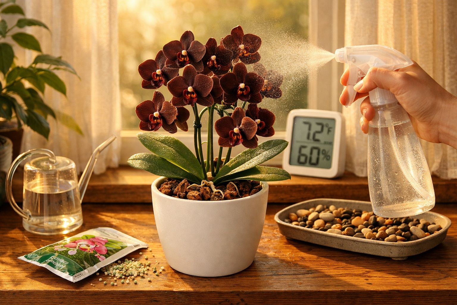 Mão pulverizando água em orquídea marrom em vaso branco em mesa de madeira com janela ao fundo.