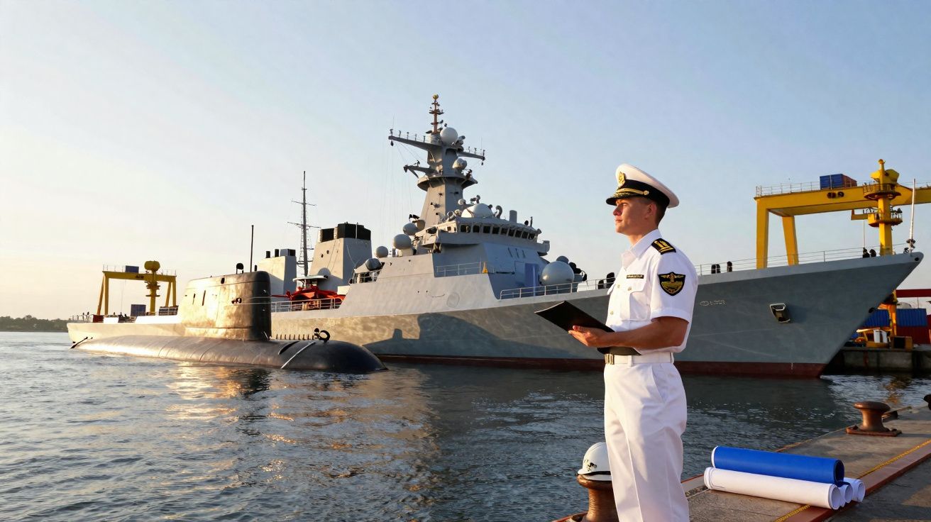 Militar em uniforme branco com tablet em pé no cais, com submarino e navio de guerra ao fundo durante o dia.