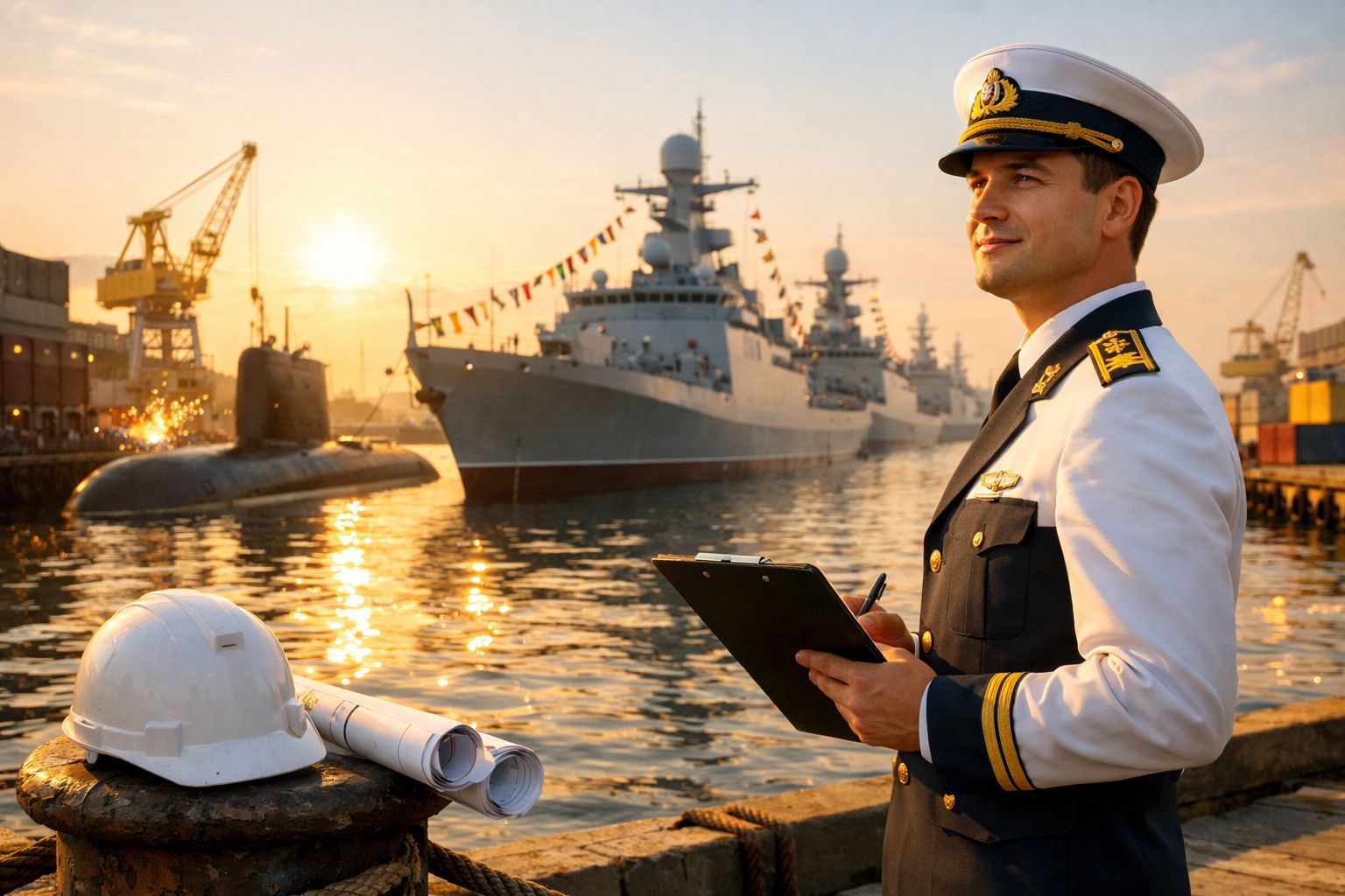 Oficial naval com uniforme branco observa navios e submarino no porto ao pôr do sol, com capacete e plantas ao lado.