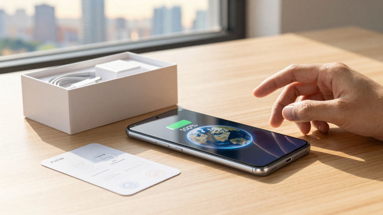 Smartphone carregando com bateria cheia ao lado da embalagem e manual sobre mesa de madeira.