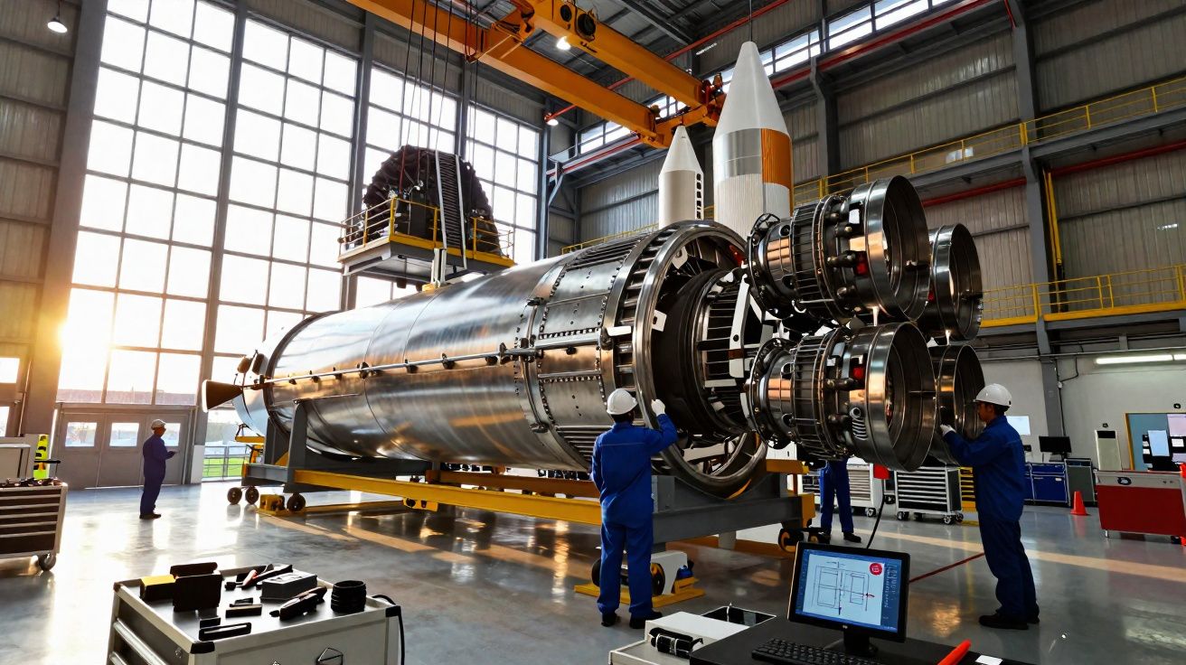 Engenheiros trabalhando na montagem de um grande motor de foguete em hangar industrial moderno.
