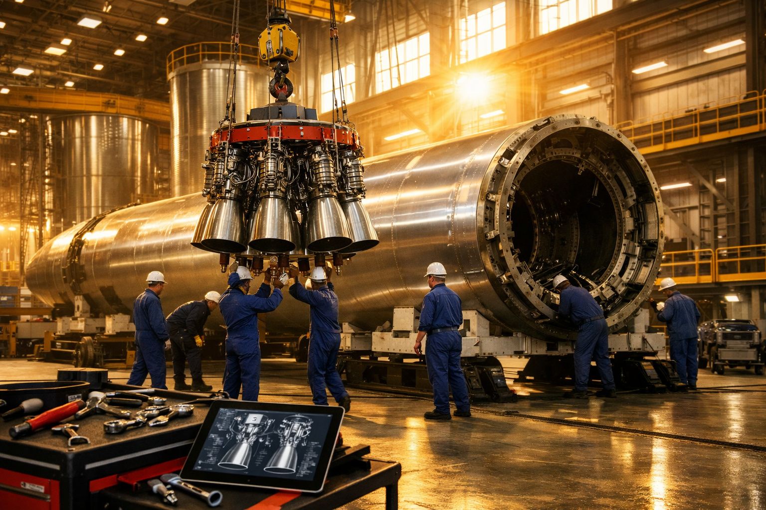 Trabalhadores com macacões e capacetes montam motor de foguete em fábrica industrial grande e iluminada.