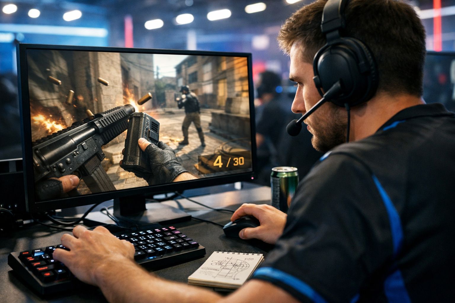 Homem usando headset joga jogo de tiro em computador com tela mostrando ação em primeira pessoa.