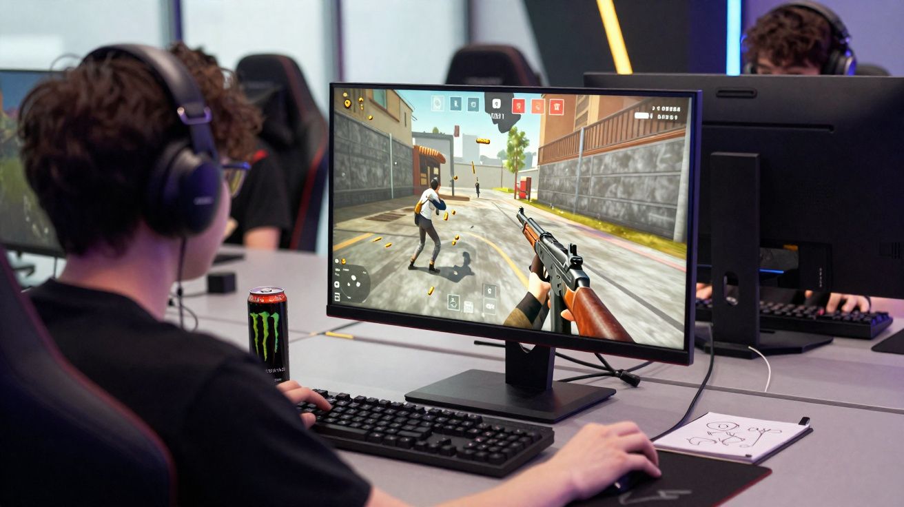 Pessoa jogando jogo de tiro em computador, com fone de ouvido e lata de energético ao lado.