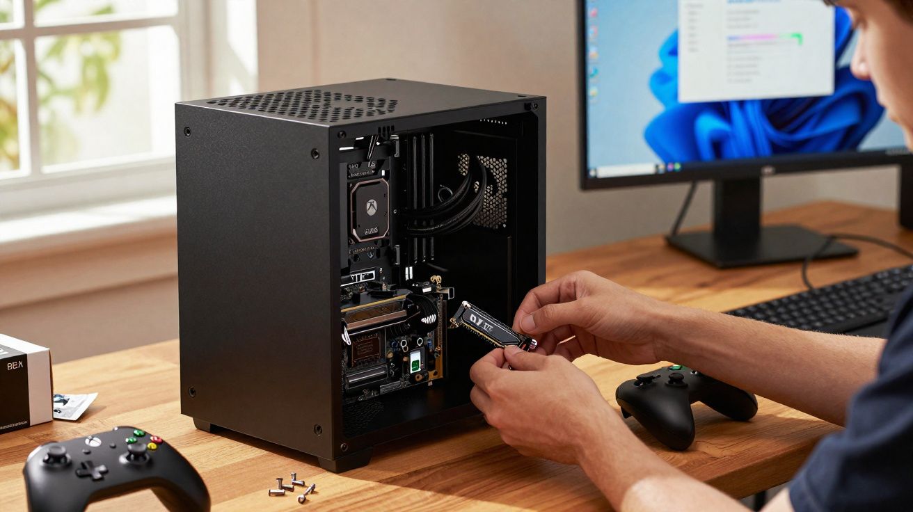 Pessoa instalando componente de hardware em gabinete preto de computador em mesa com controle de videogame.