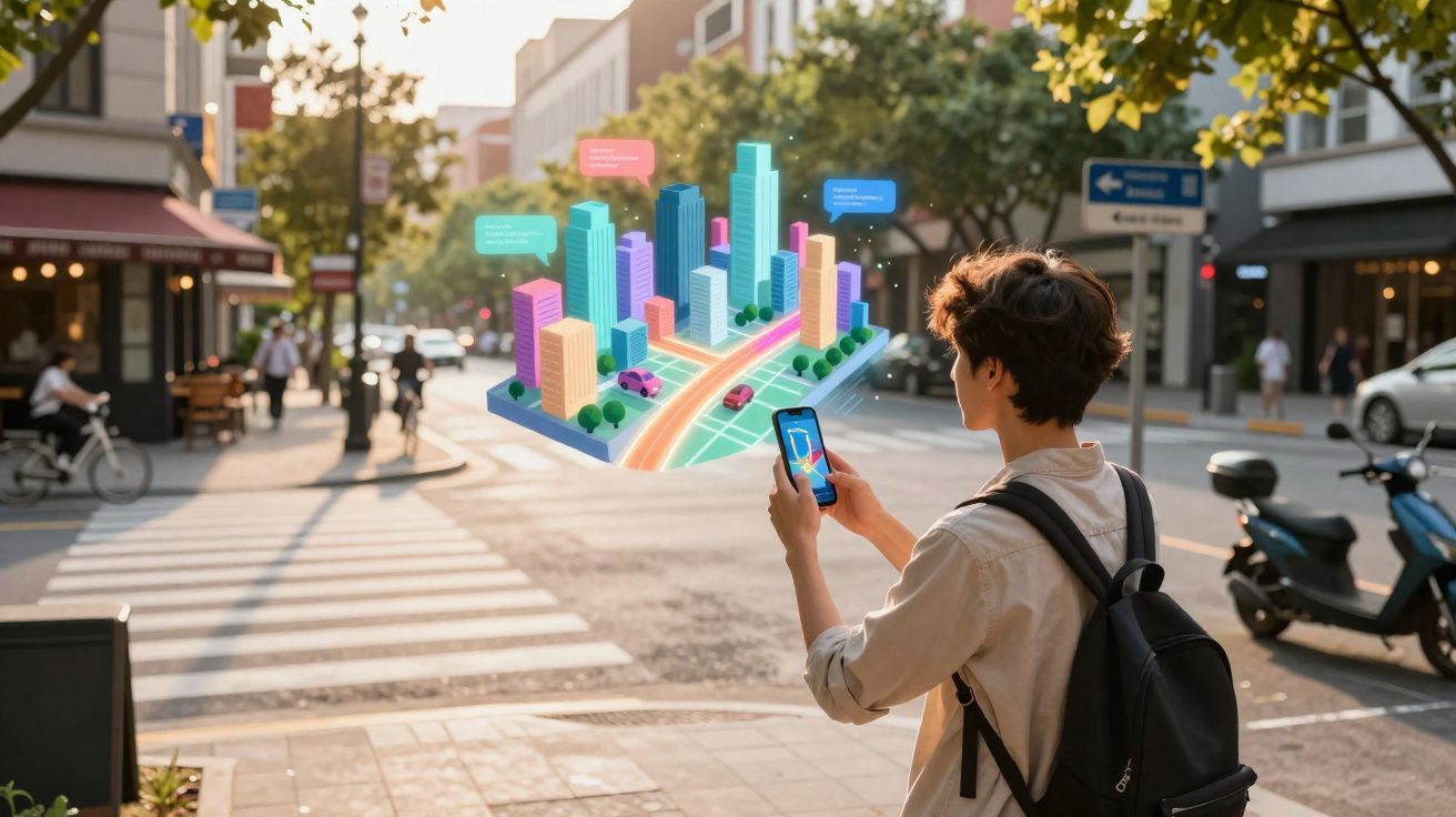 Pessoa usando celular com projeção holográfica de mapa urbano colorido em rua movimentada na cidade.