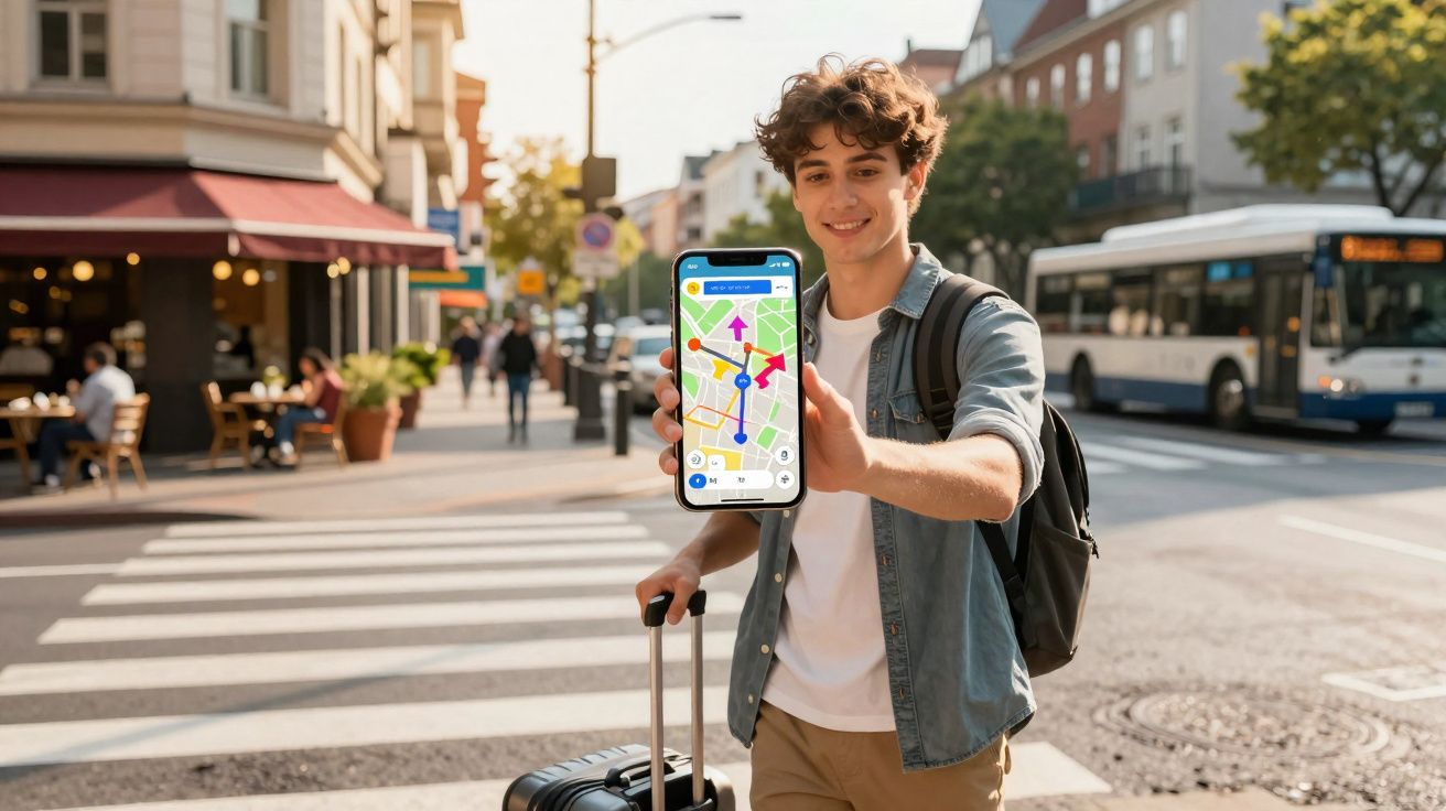 Jovem sorridente com mochila e mala mostrando celular com aplicativo de mapas na rua movimentada.