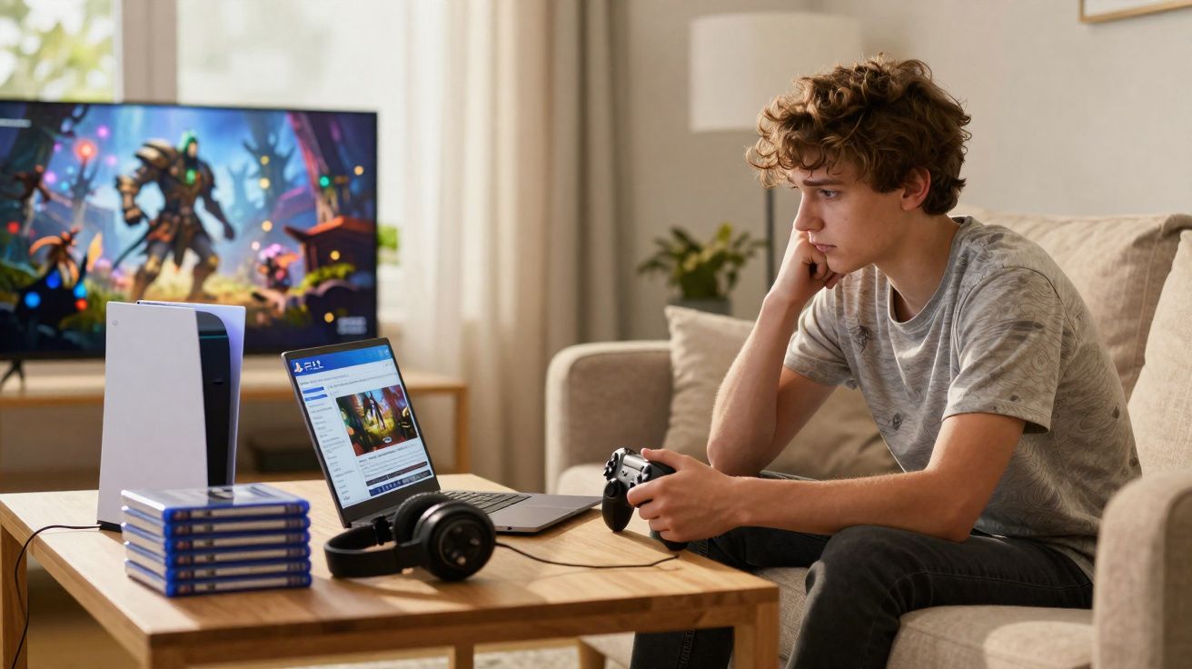 Adolescente sentado no sofá com controle de videogame, TV e console em mesa de madeira à sua frente.