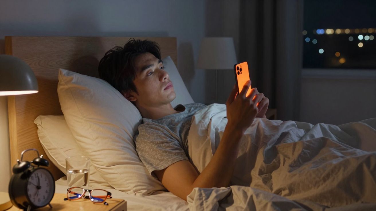 Homem deitado na cama à noite olhando para celular com luz laranja, abajur ligado e relógio ao lado.