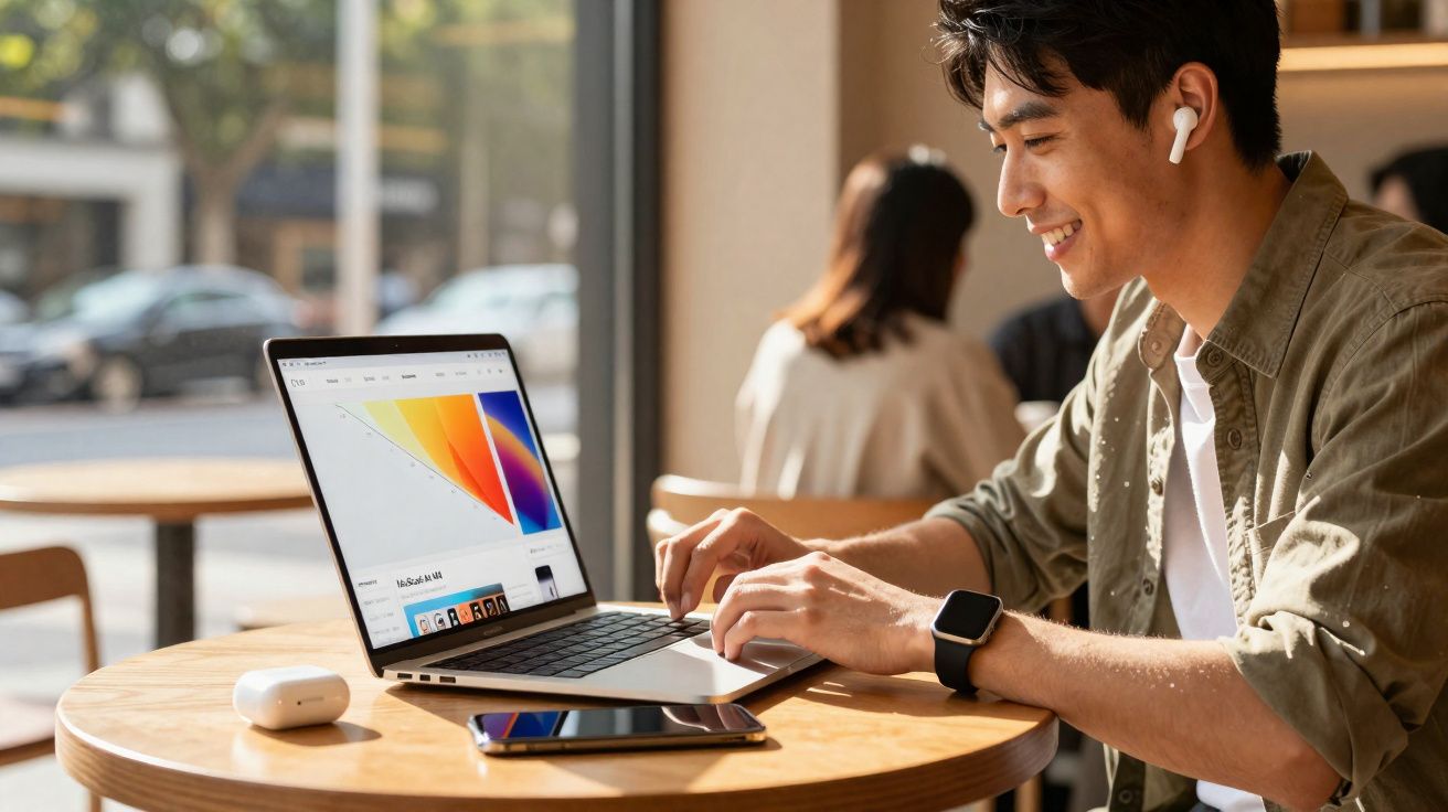 Jovem usando laptop e fones de ouvido sem fio, sentado em mesa redonda com celular e estojo de fones.