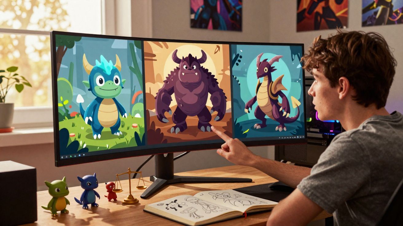 Jovem desenhando e selecionando personagens de dragões coloridos em três telas de computador ultrawide.