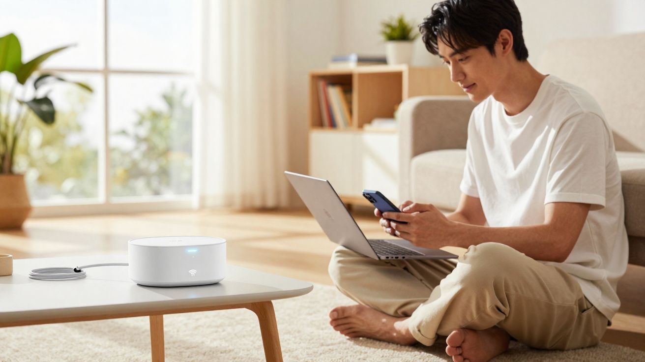Homem sentado no chão usando celular e notebook, com roteador branco sobre mesa baixa na sala.