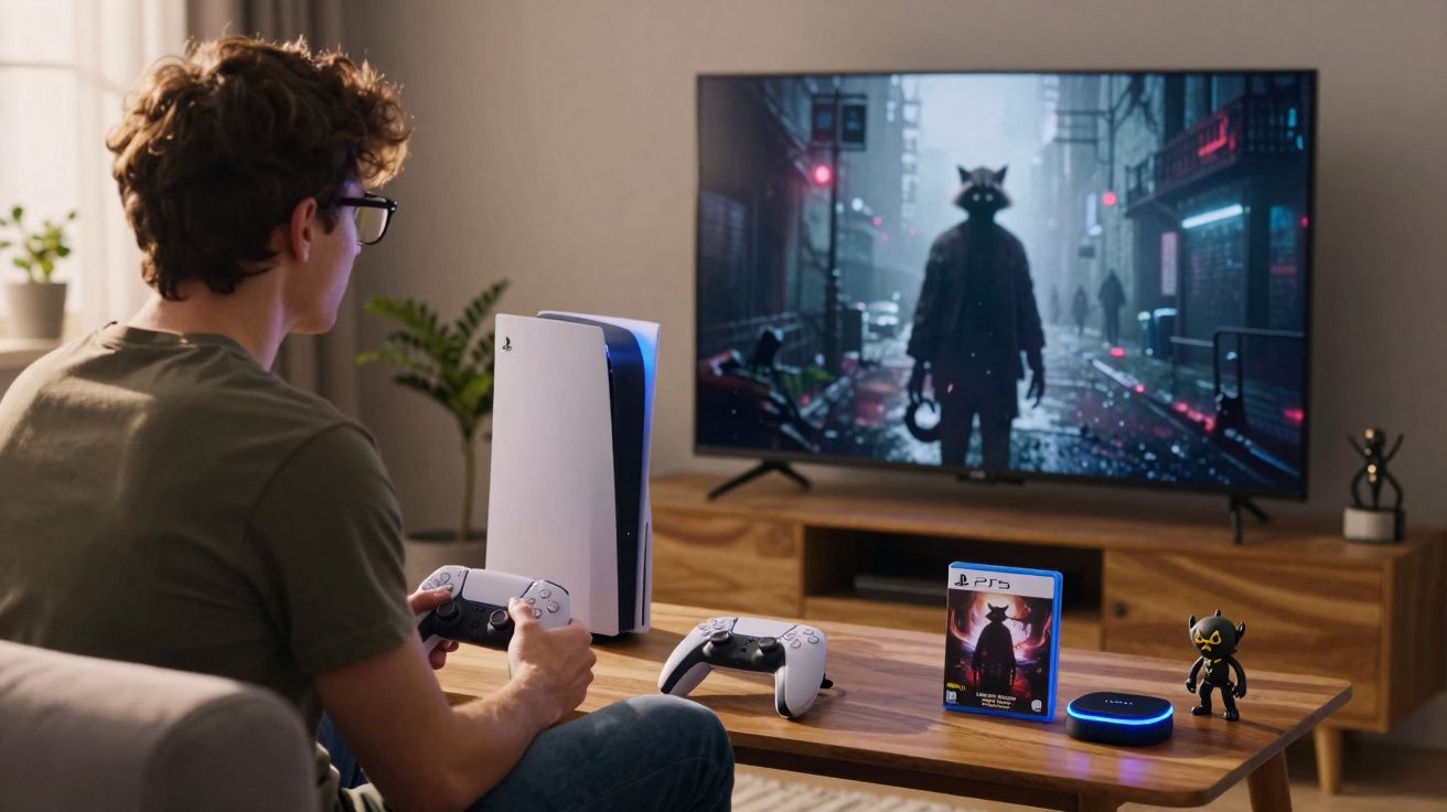 Homem jogando videogame PlayStation 5 com controle, TV mostrando jogo e objetos na mesa de madeira.