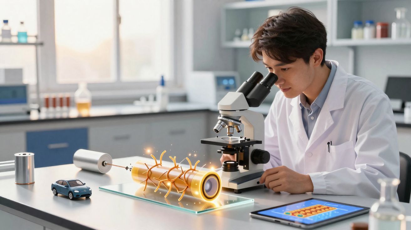 Jovem cientista observa através de microscópio em laboratório com modelo holográfico de estrutura tecnológica.