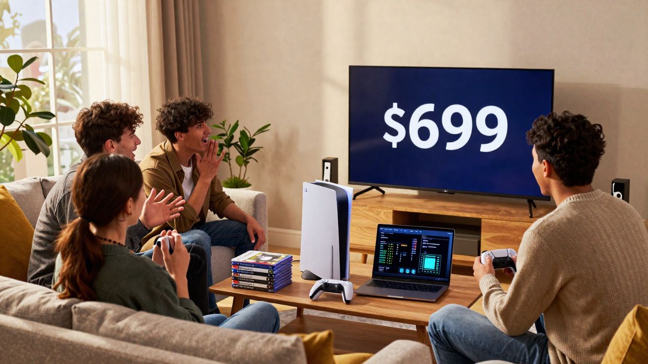 Quatro jovens jogando videogame em sala, com TV mostrando preço de $699 e console sobre a mesa.