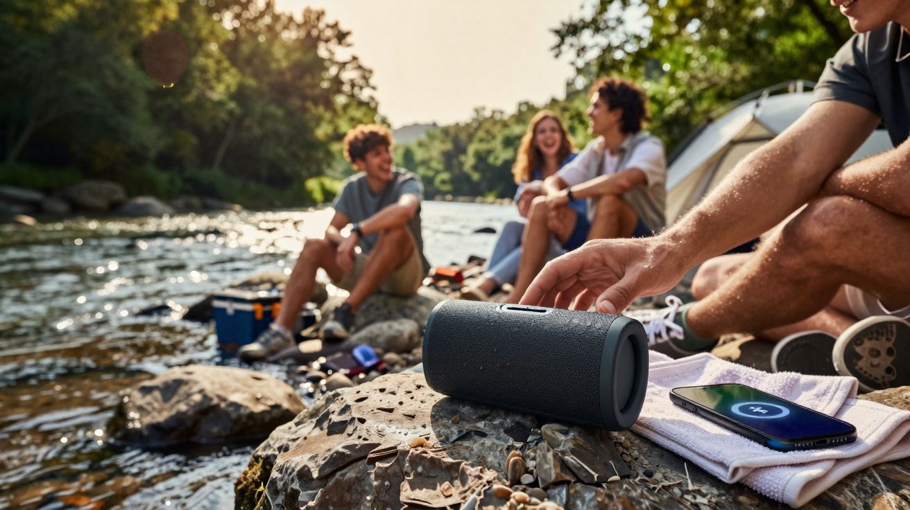Grupo de jovens curtindo música e natureza à beira de rio em dia ensolarado, com caixa de som portátil.