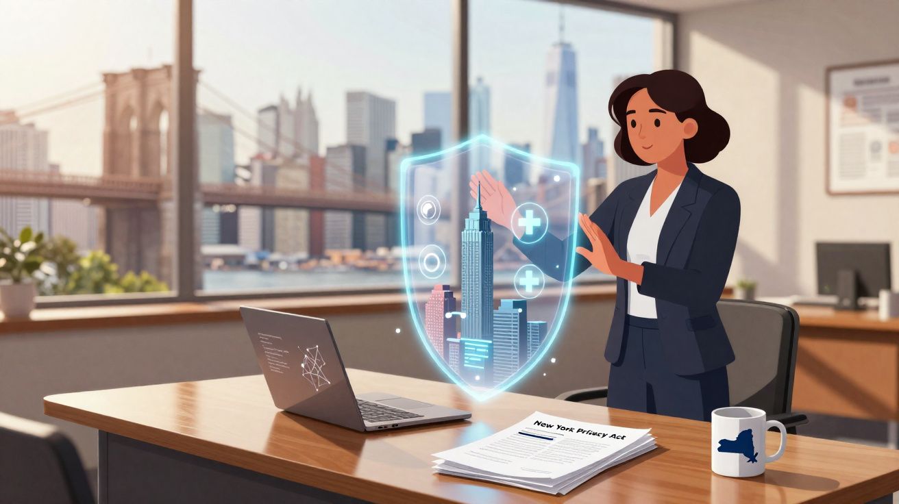 Mulher em escritório interagindo com holograma de escudo e prédios, com vista para a ponte do Brooklyn.