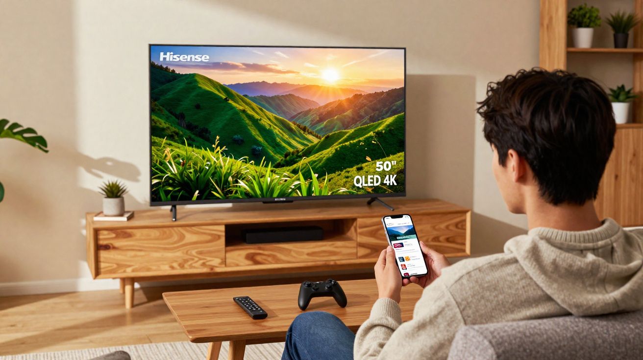 Pessoa sentada no sofá, segurando celular, assistindo TV com tela mostrando paisagem de montanhas ao pôr do sol.