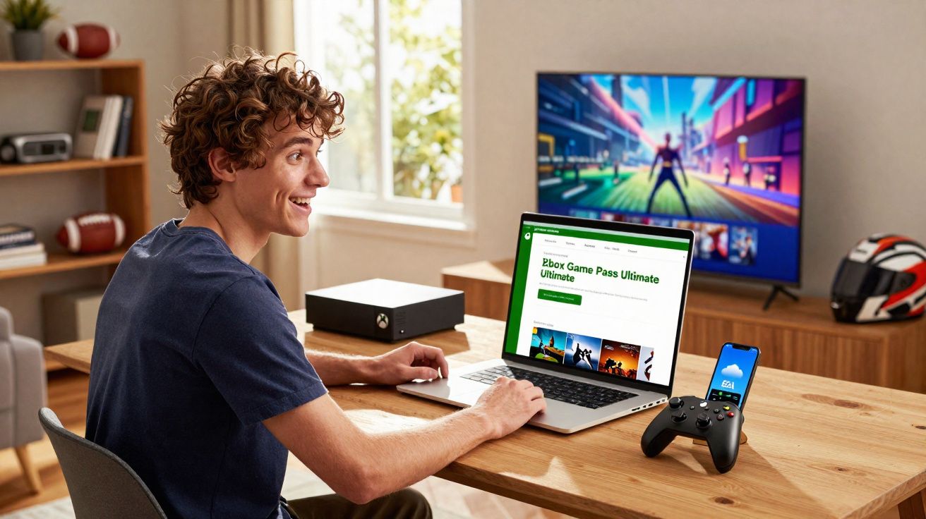 Jovem sentado em mesa com notebook, controle e celular, vendo Xbox Game Pass Ultimate, TV ao fundo exibindo jogo.