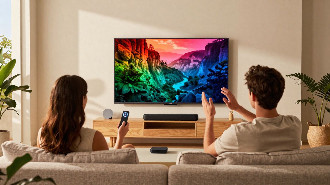 Casal sentado em sofá assistindo TV com imagem colorida de montanhas e rio em sala decorada com plantas.